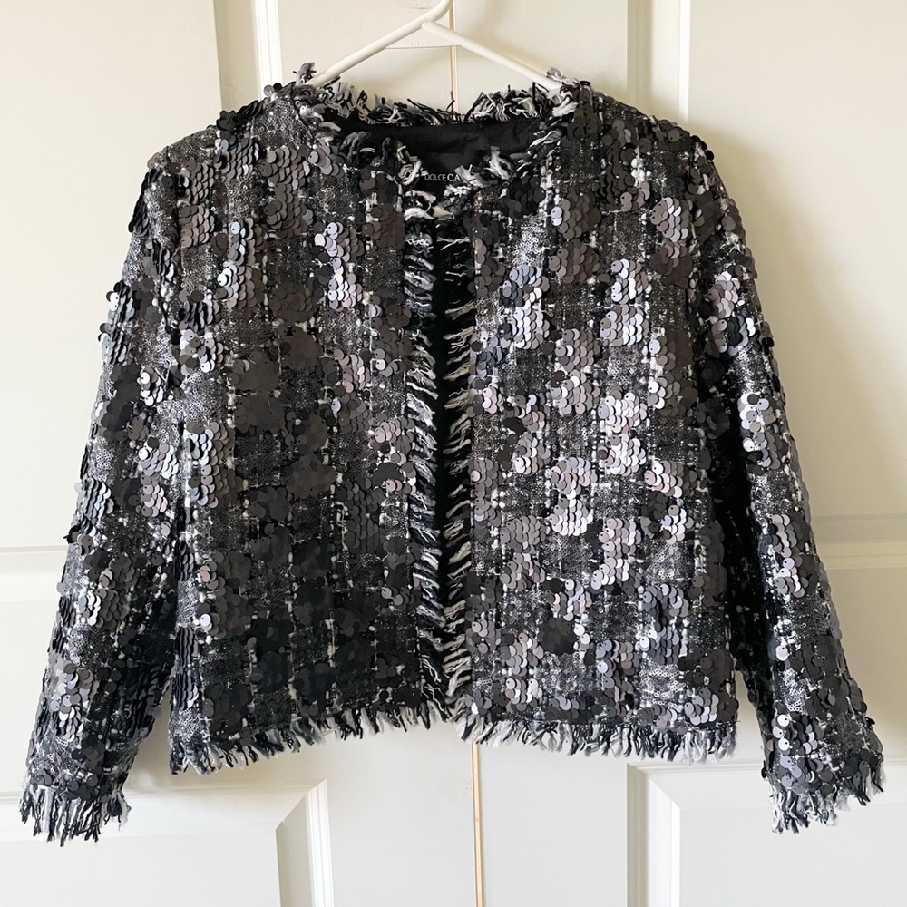 Dolce Cabe Sequin Fringed Hem Black Open Front Wool Blend Blazer Size Small